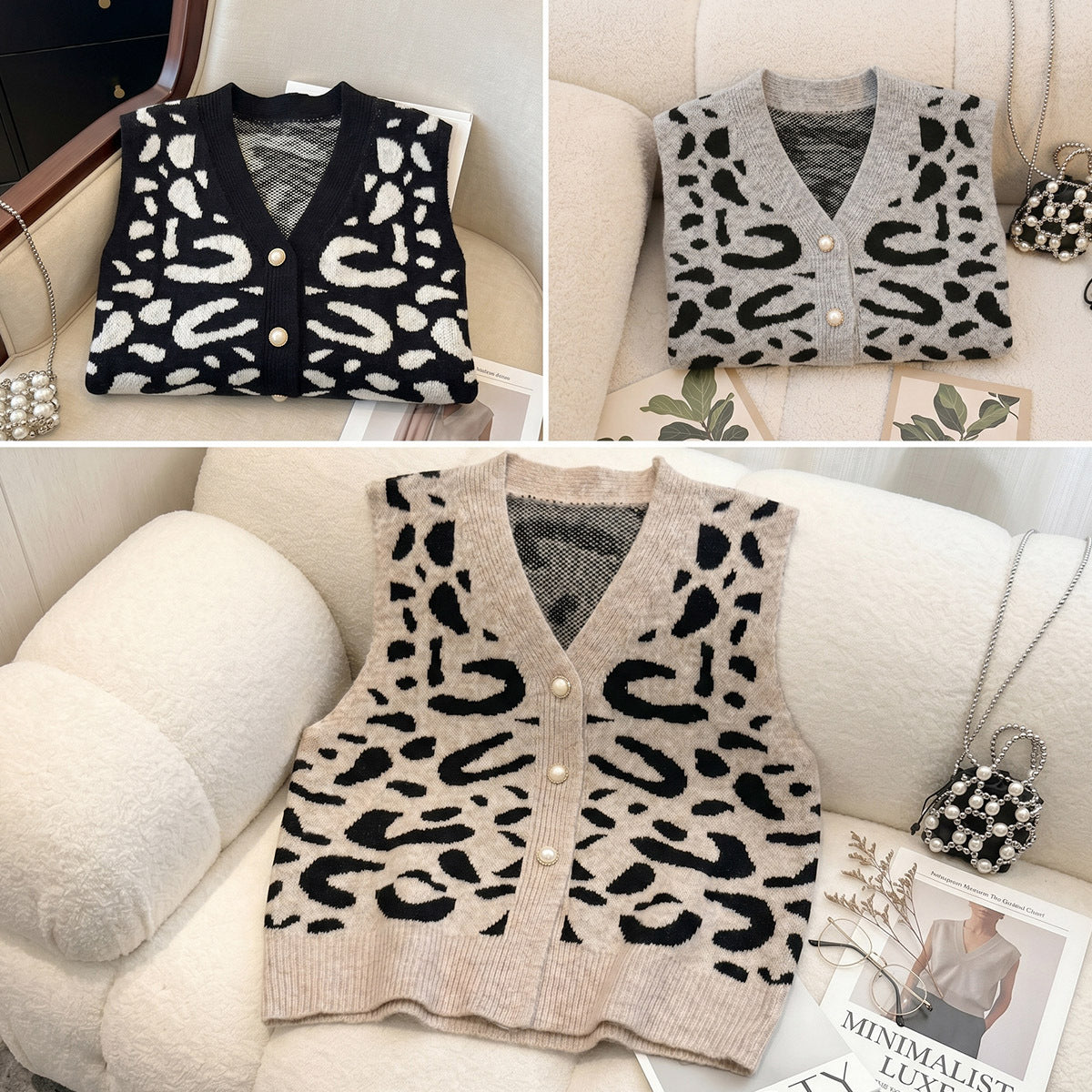 Leopard V Neck Cardigan | Pearl Button Loose Knit Vest
