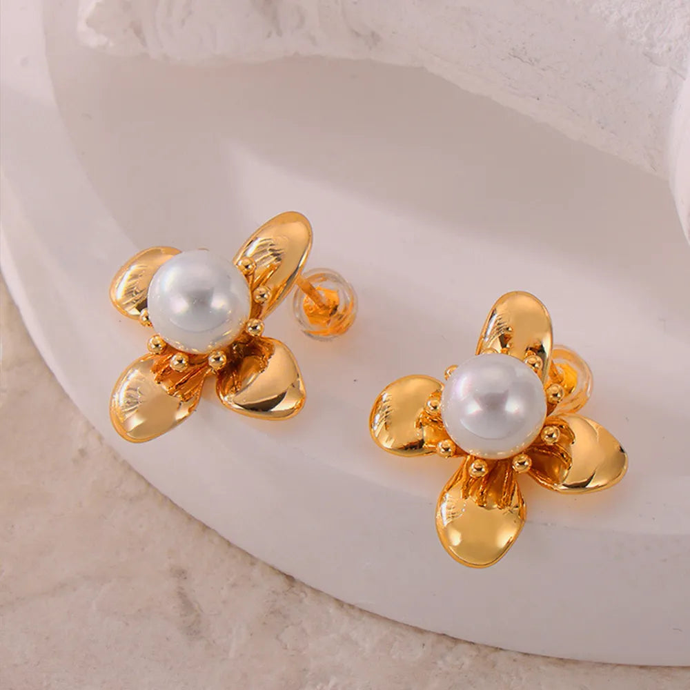 Gorgeous GIFTABLE Gold or Silver Flower Earrings - Synthetic Pearl Titanium Steel 💝 🌸