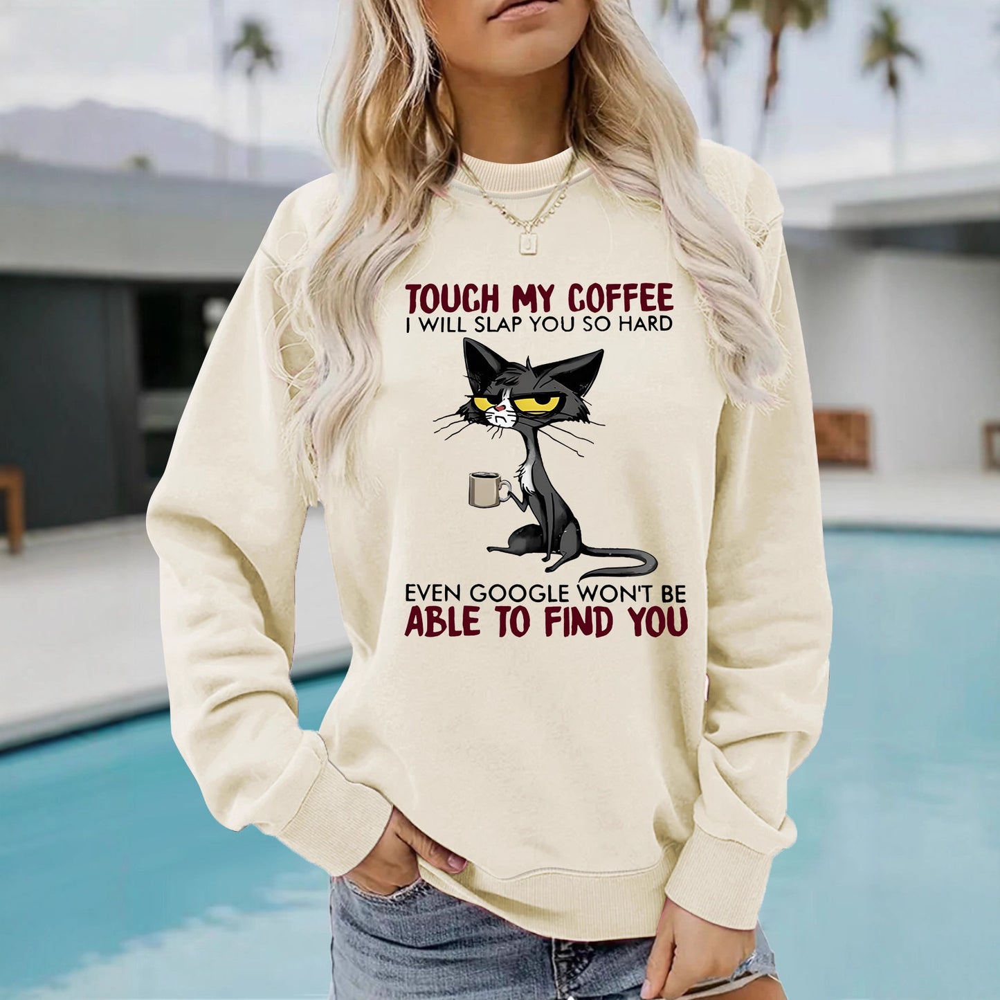 Women's Seasonal Warm Casual Sweatshirt with Humorous Cat COFFEE Graphic ☕️ 😻