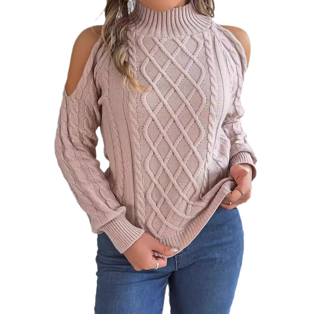 Off-Shoulder Twisted Knit Warm Fall Pullover Sweater
