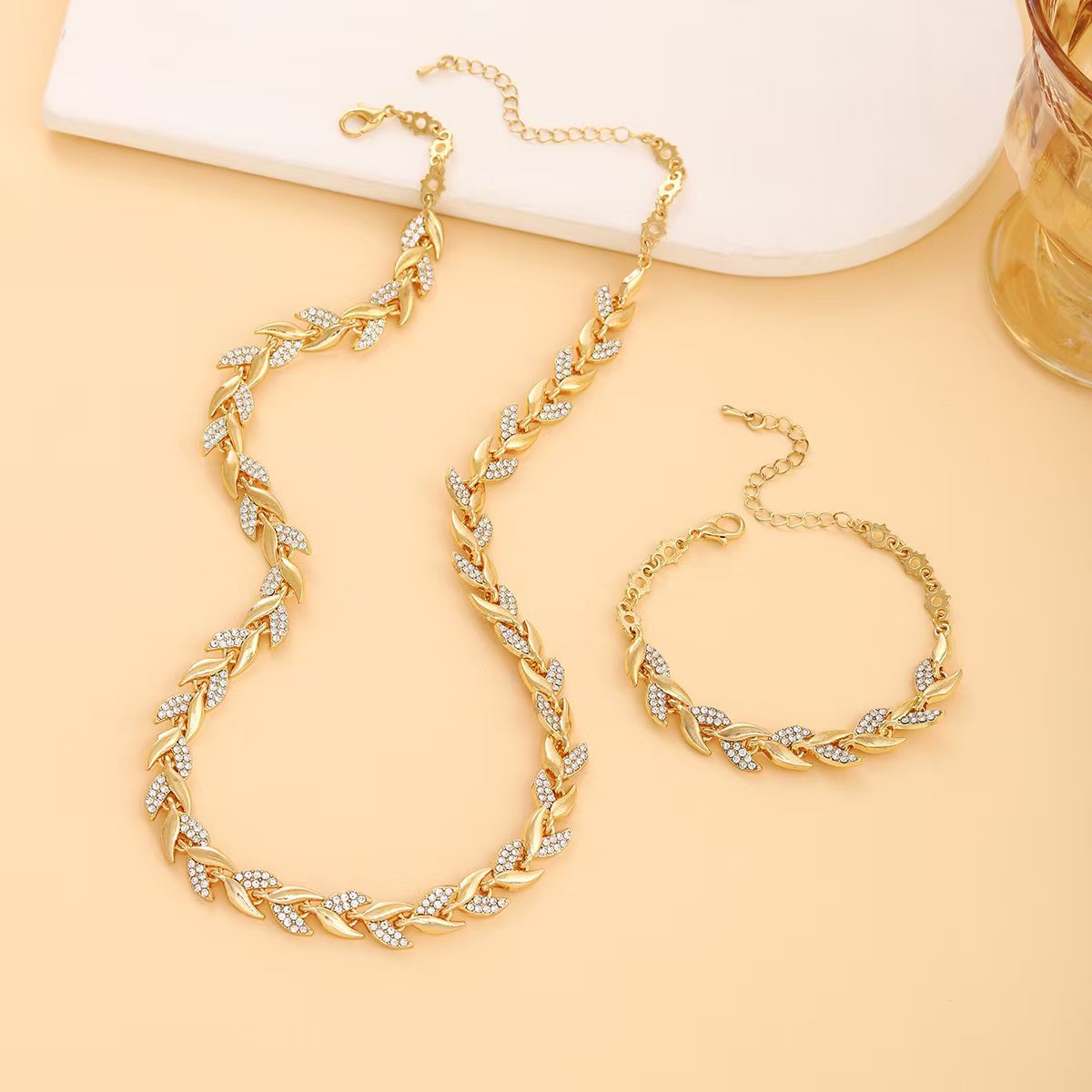 Luxury Leaf Design Rhinestone 2pc. Matching Bracelet and Necklace SET in Gorgeous Rose Gold, Gold, & Silver