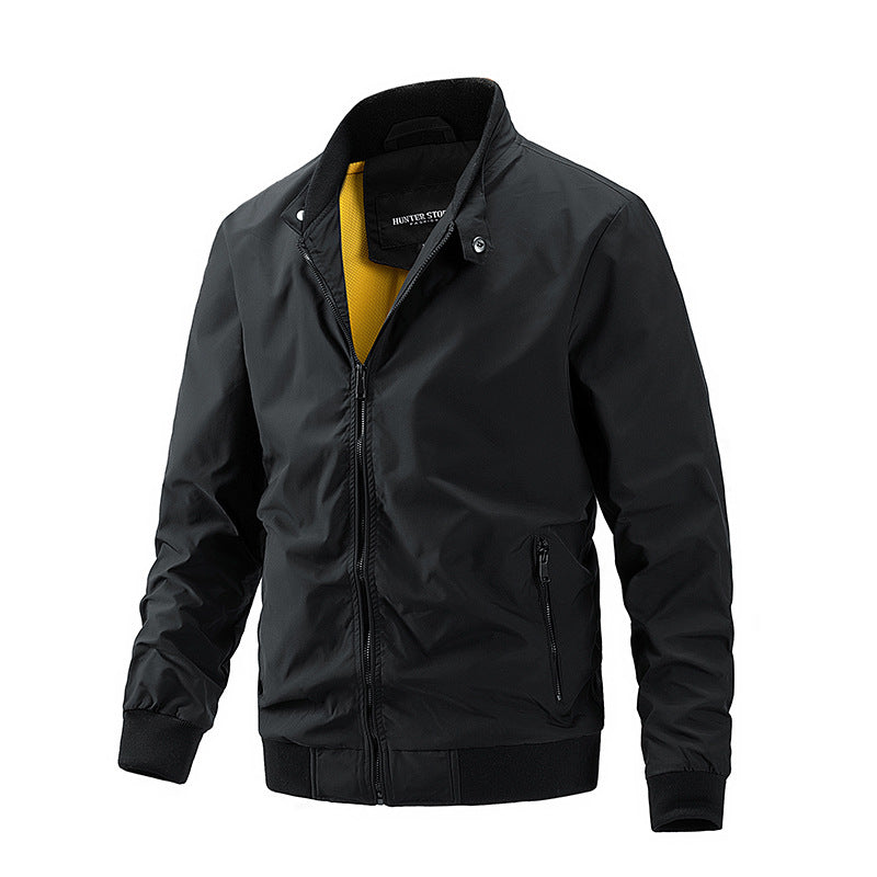 Men's Fashion Sporty Zipper Flight Jacket with Stand up Collar, Crimped Cuff and Waist