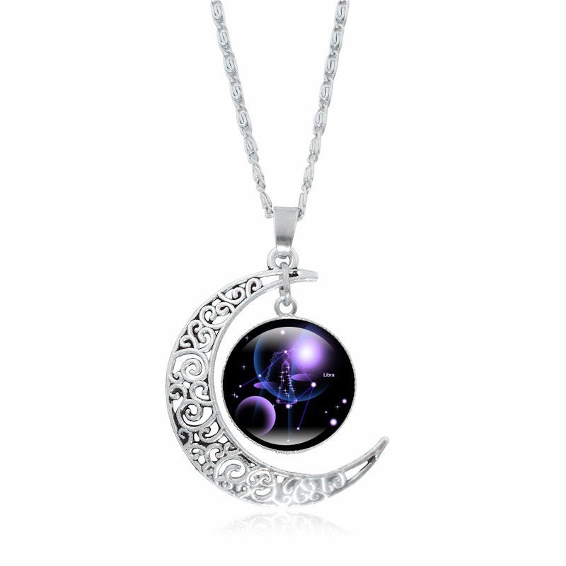 Gorgeous Zodiac Time Gem Luminous Necklace for Women - Simple Silver Moon Pendant Choker Giftable 💝