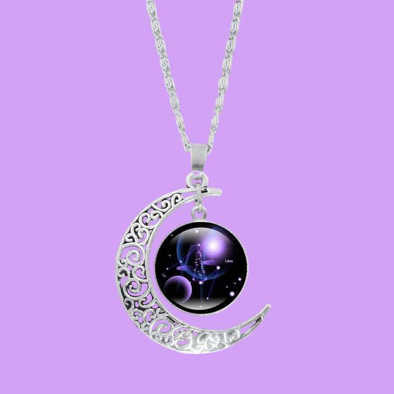 Gorgeous Zodiac Time Gem Luminous Necklace for Women - Simple Silver Moon Pendant Choker Giftable 💝