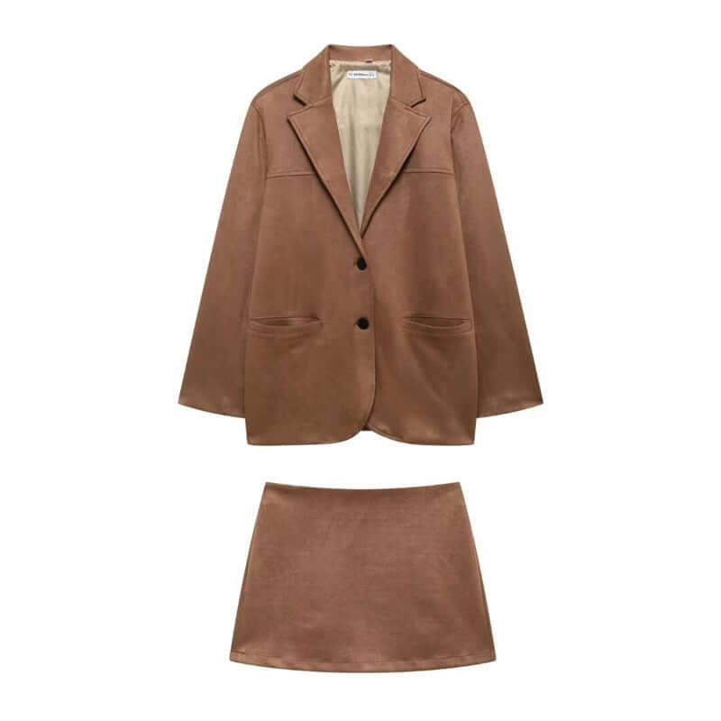 Women's Fashionable Business Casual Suit - Suede Leather Jacket and Short Skirt Set with Buttons & Pockets