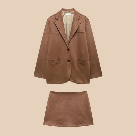Women's Fashionable Business Casual Suit - Suede Leather Jacket and Short Skirt Set with Buttons & Pockets