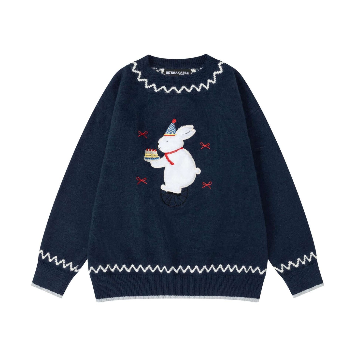 Women's Casual Round Neck Sweater - Vintage Cute Rabbit Plush 🐰 Embroidered