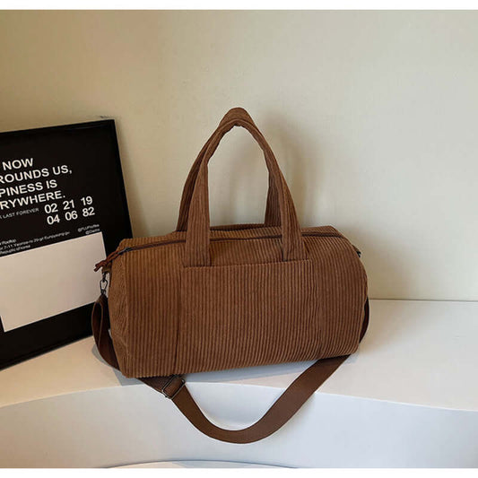 High-Capacity Durable Corduroy Sports Shoulder Bag - Solid Color Crossbody with Adjustable Strap