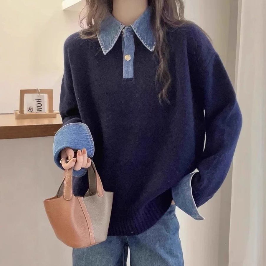 Unique Color Block Denim Patchwork Polo Sweater 😎