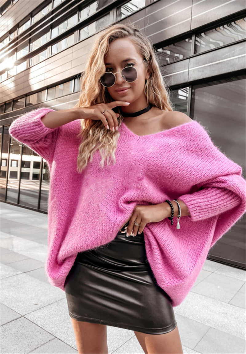 Sexy Oversized V-Neck Off-Shoulder Batwing Knit Sweater
