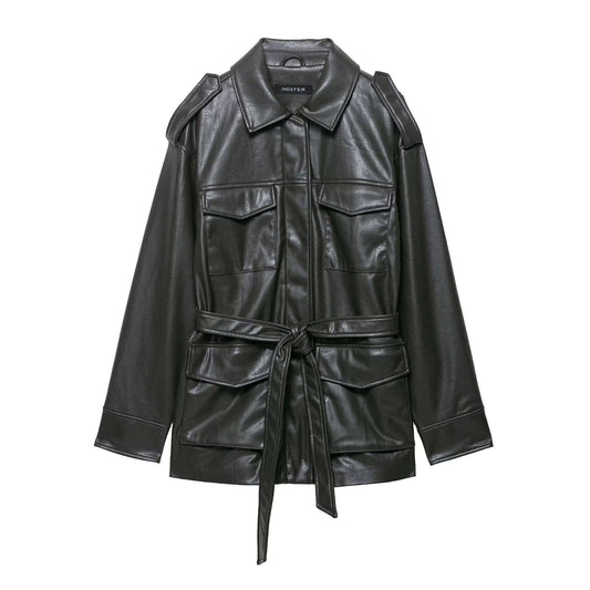 Women's Chic Classic Elegant Coat - Popular PU Leather Fashion with Belt & Deep Pockets ♨️