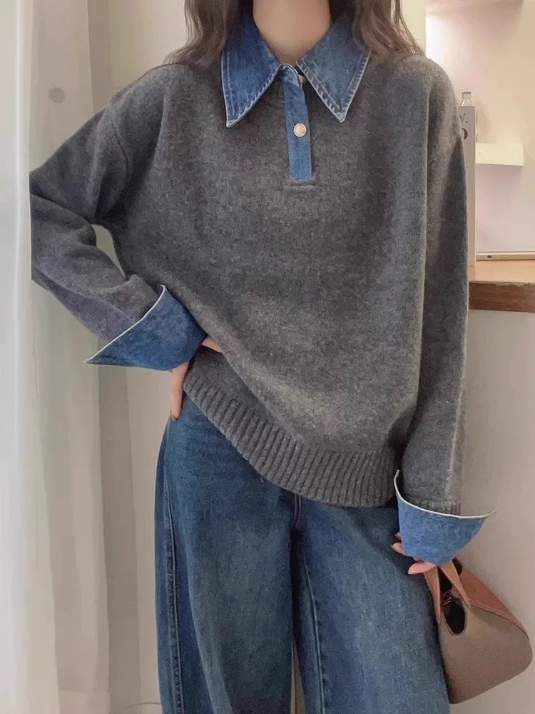 Unique Color Block Denim Patchwork Polo Sweater 😎