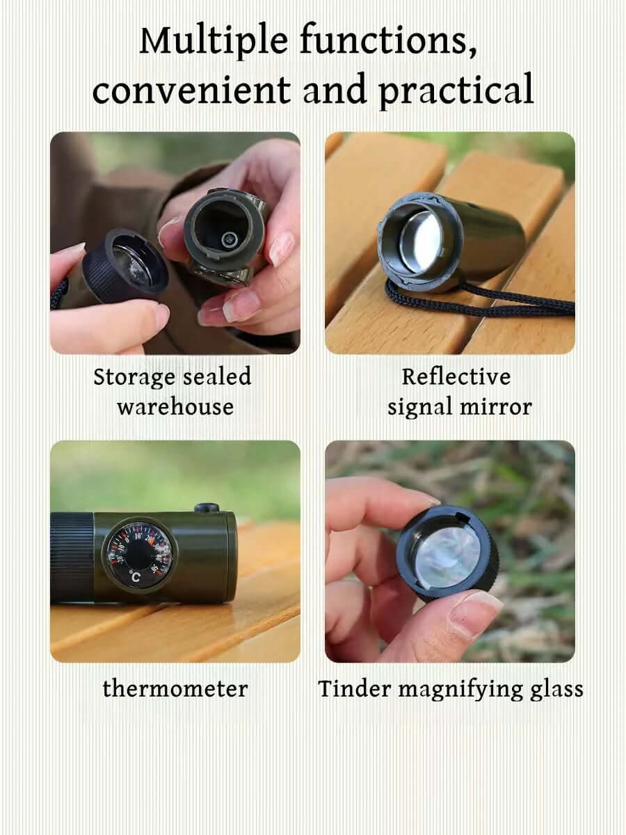 Smart 7 in 1 Survival Whistle Tool - Hiking Whistle, Compass, Mirror, Flashlight, Magnifier LED Light, Thermometer & Storage