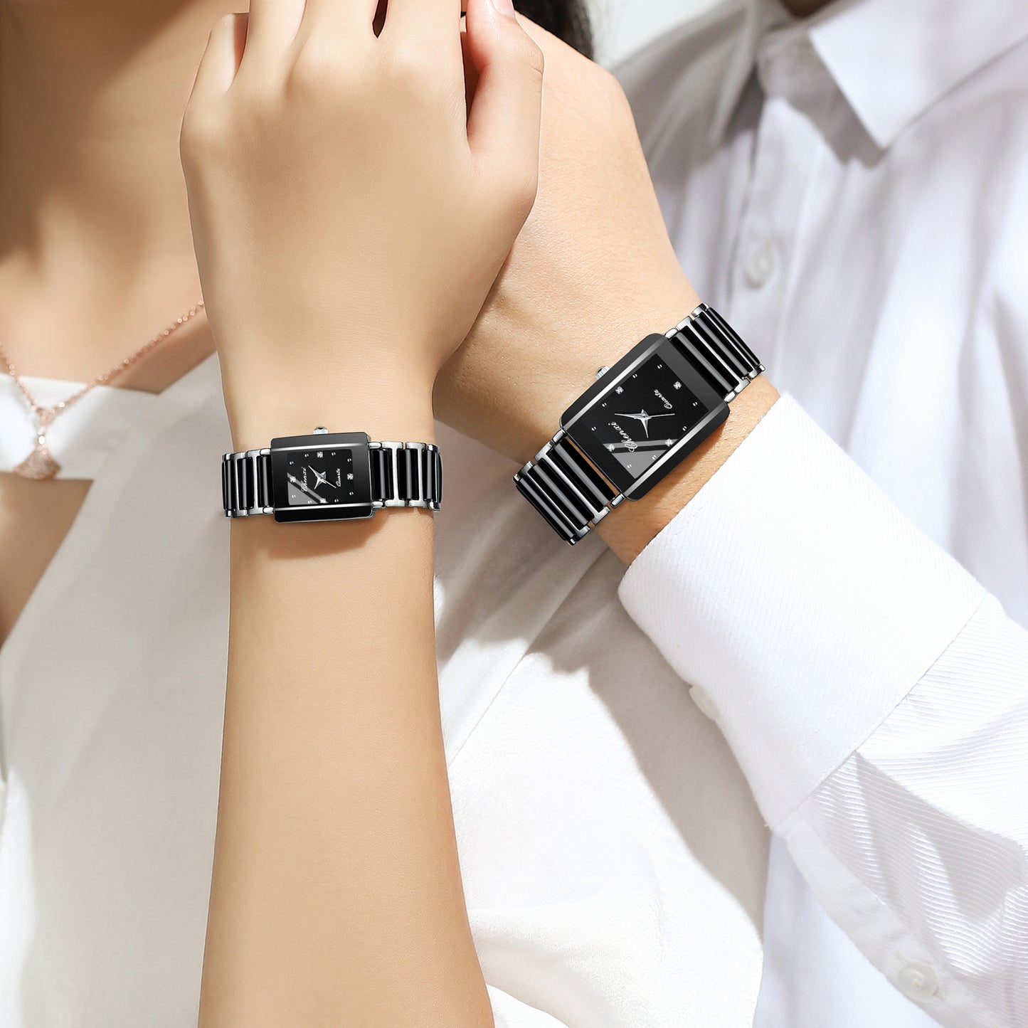 Gorgeous Square Couples Watches - Ceramic Quartz Reinforced Glass, Waterproof, in Gold, Silver, Black ⌚️