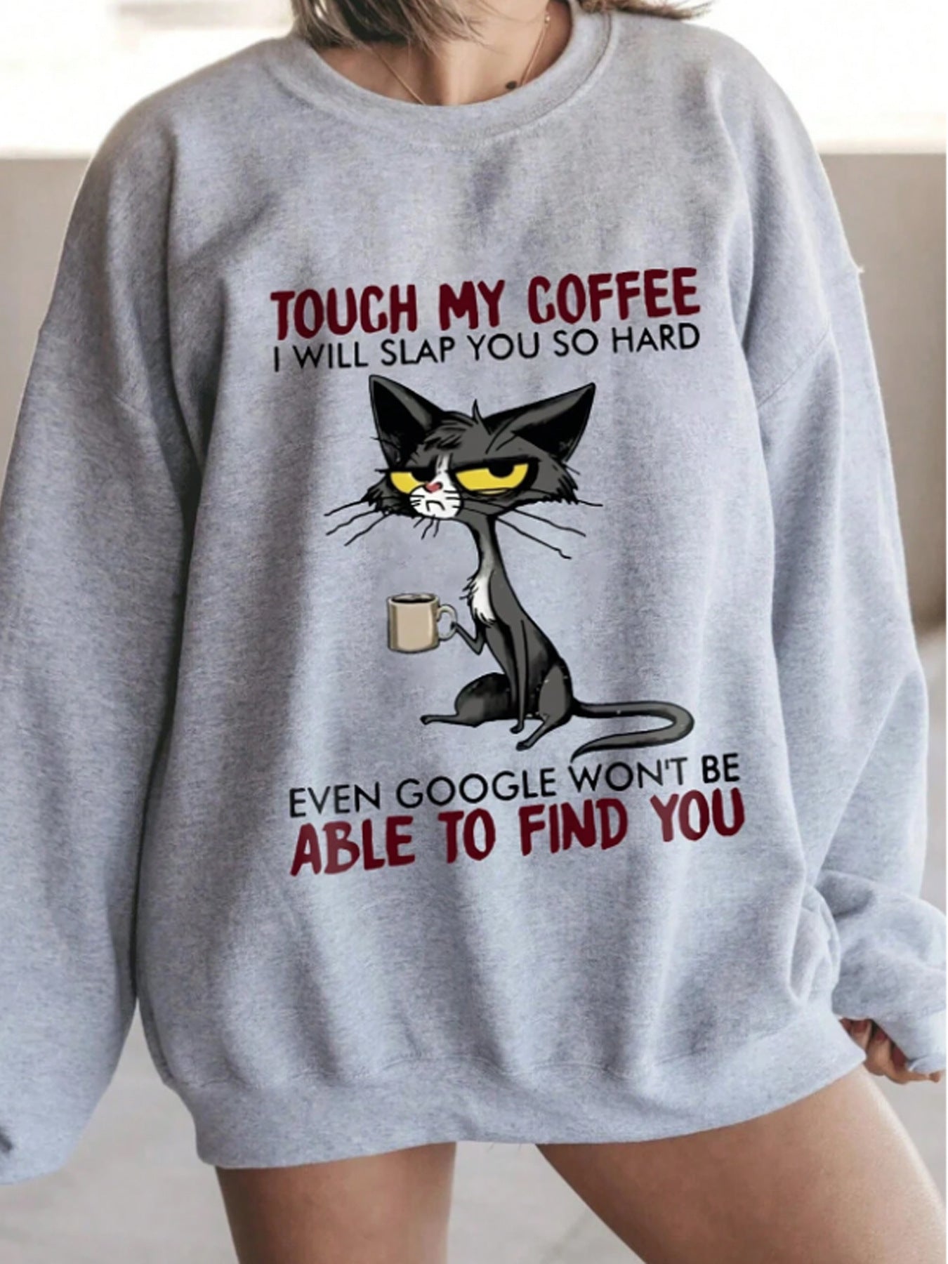 Women's Seasonal Warm Casual Sweatshirt with Humorous Cat COFFEE Graphic ☕️ 😻
