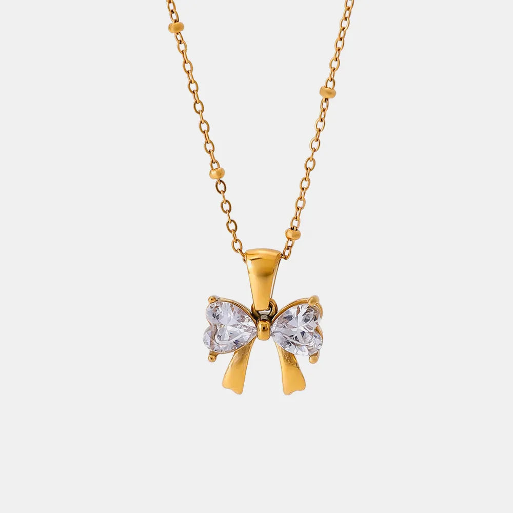Beautiful Stainless Steel Inlaid Zircon Bow Necklace - Long Length Gold-plated w/ Lobster Clasp