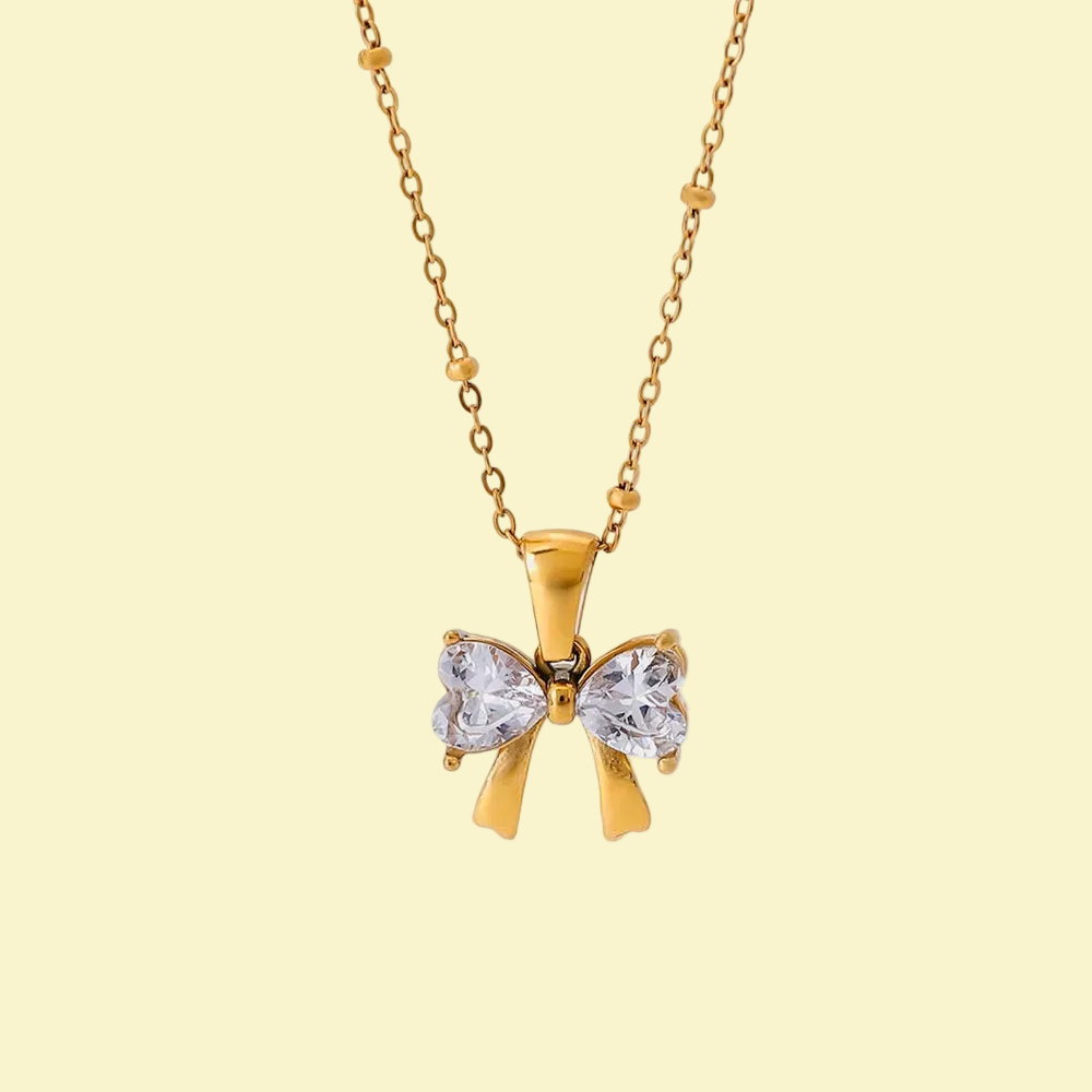 Beautiful Stainless Steel Inlaid Zircon Bow Necklace - Long Length Gold-plated w/ Lobster Clasp