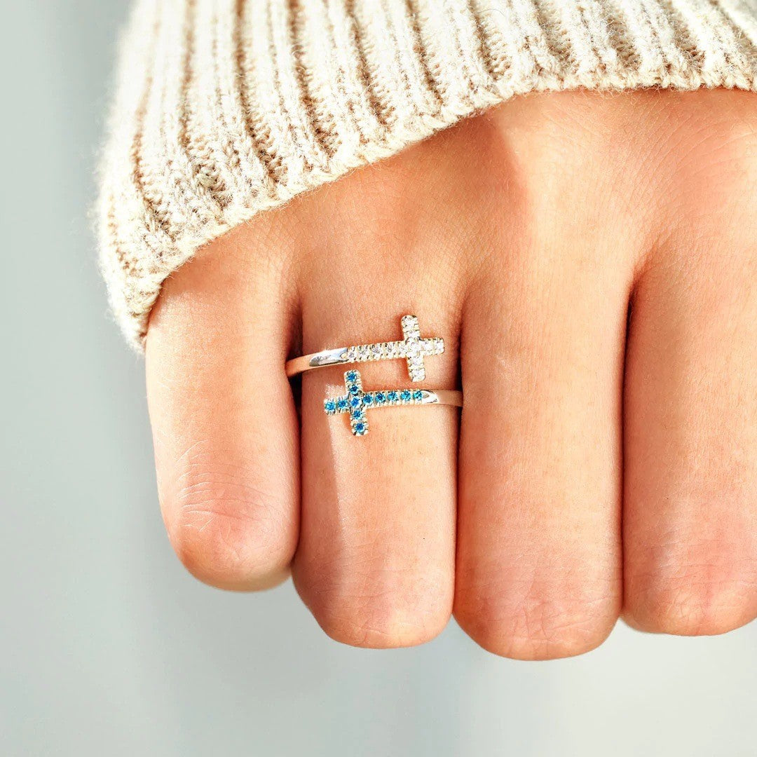 Chic Aqua Blue & Silver Sideways Cross Open Ring 💍