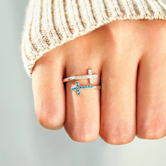 Chic Aqua Blue & Silver Sideways Cross Open Ring 💍