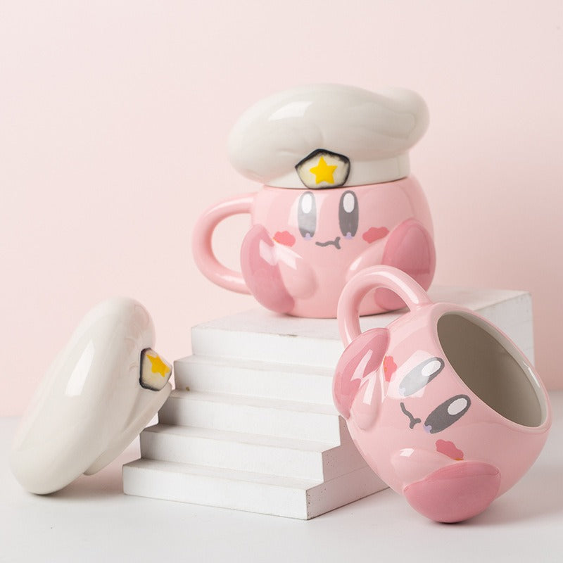 Cute Pink Madou Cartoon Chef Star Ceramic Mug with Lid - Burger & Cheese Options Also Available ☕️