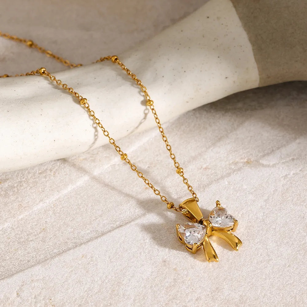 Beautiful Stainless Steel Inlaid Zircon Bow Necklace - Long Length Gold-plated w/ Lobster Clasp