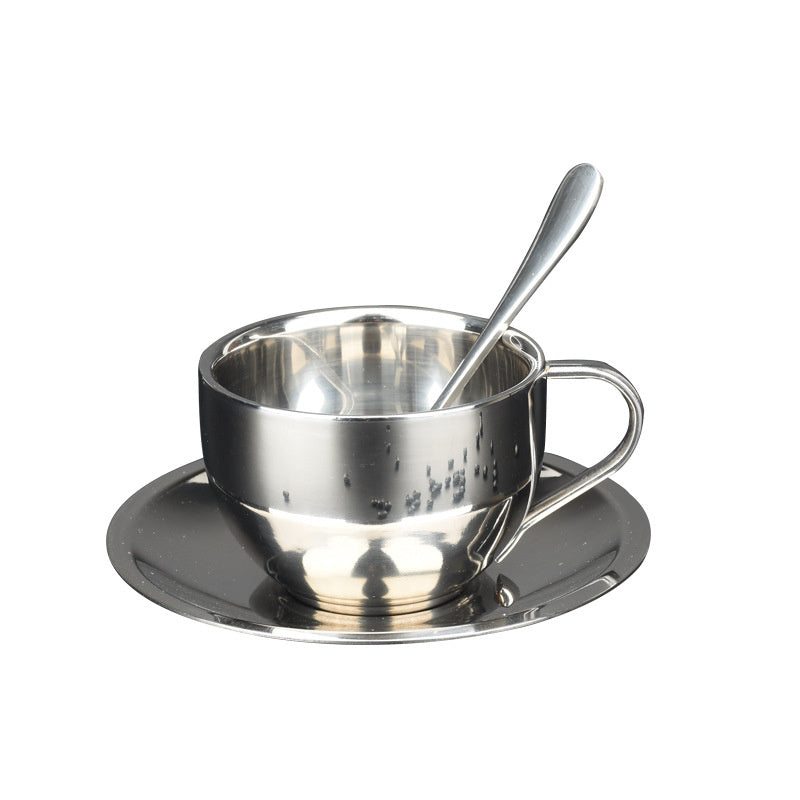 Gorgeous 304 Stainless Steel Coffee Cups 3pc. SET -  Double-deck Thermal Insulation, Mug-Plate-Spoon ☕️