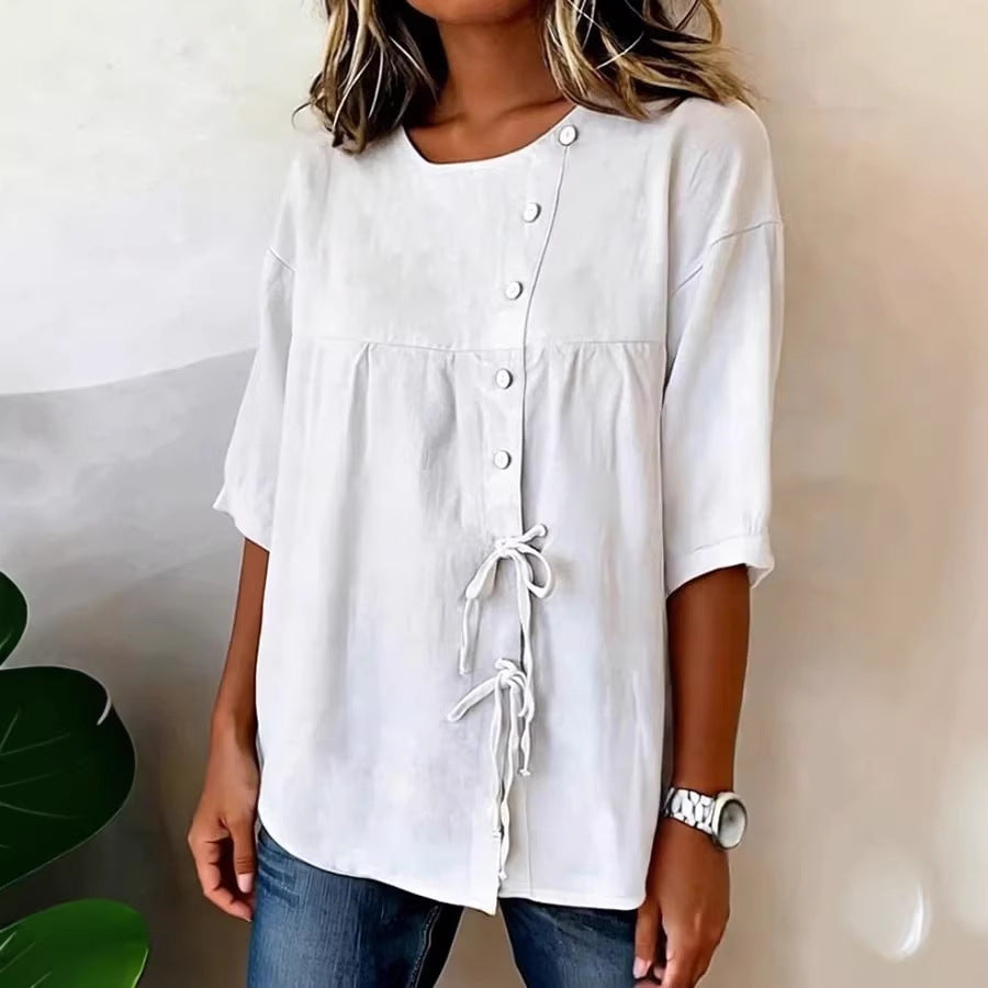 Women's Gorgeous Casual Loose-Fit Shirt with Ties & Button Closure, Round Neck, Mid-Sleeve 🤩