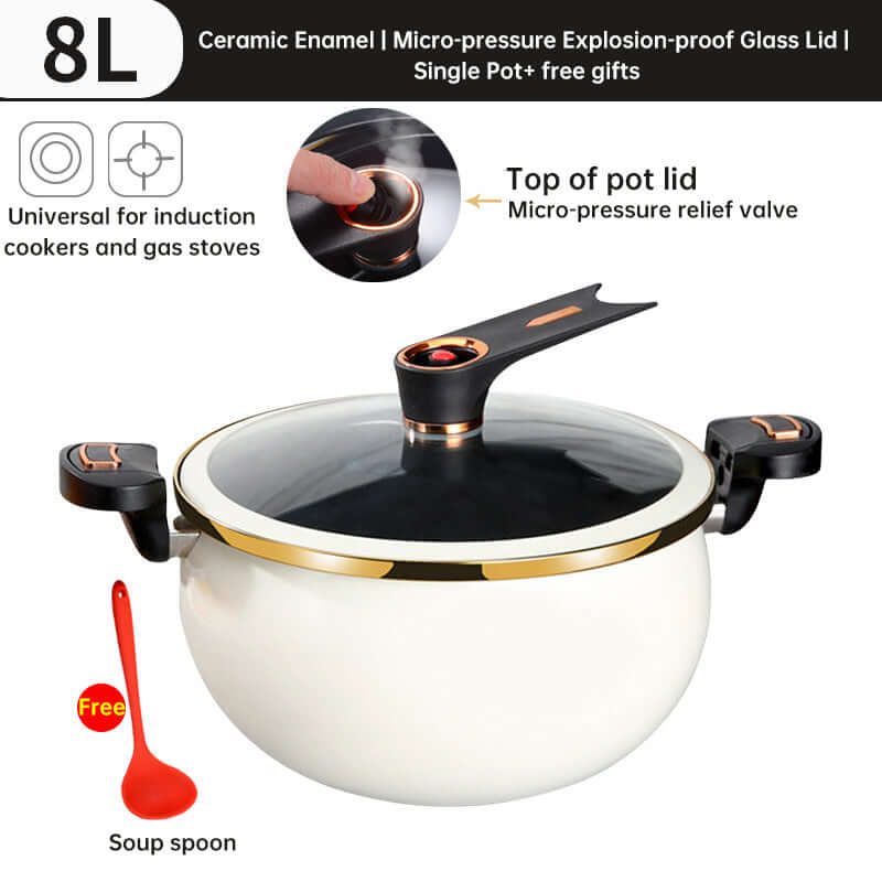 Large Black or White Modern 7L Enameled Cast Iron Soup Pot with Spoon – Heavy-Duty Pressure-Assist Stewing Pot