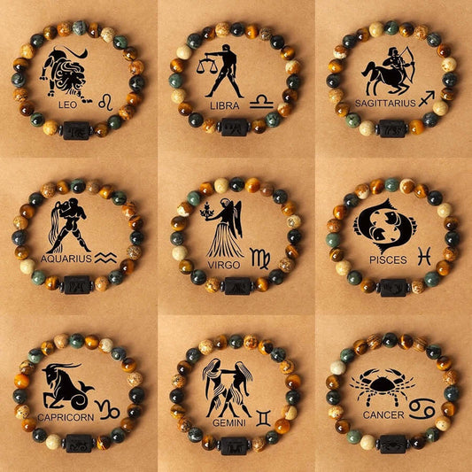Super Cool Zodiac Beaded Bracelet - Natural Stone Beaded Tiger's Eye with Zodiac Picture Card 😎