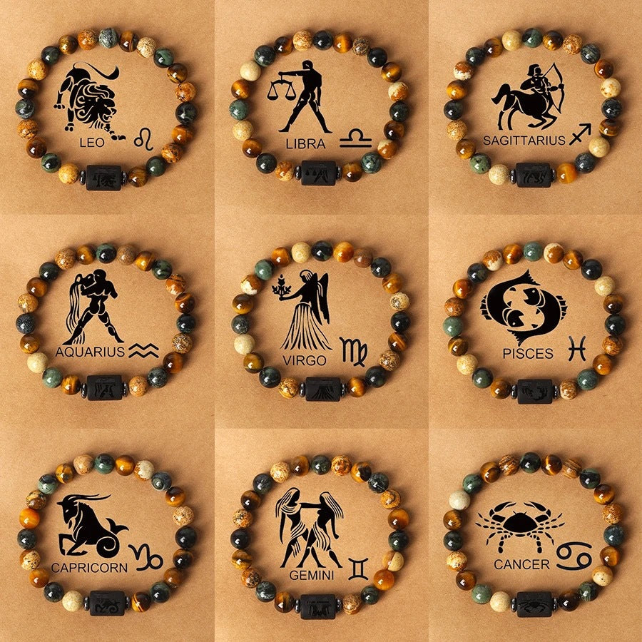 Super Cool Zodiac Beaded Bracelet - Natural Stone Beaded Tiger's Eye with Zodiac Picture Card 😎