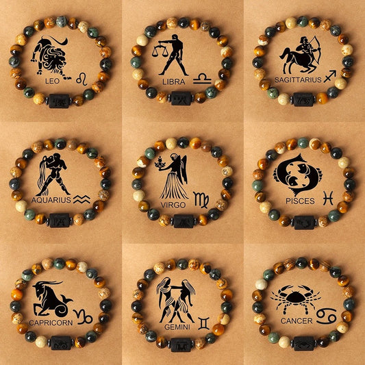 Super Cool Zodiac Beaded Bracelet - Natural Stone Beaded Tiger's Eye with Zodiac Picture Card 😎