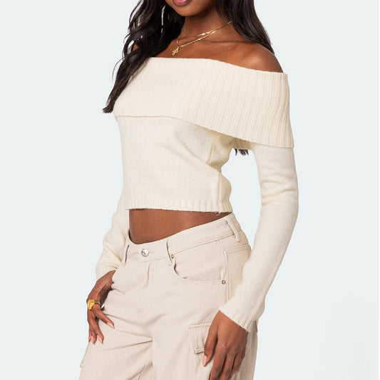 Women's Hip Autumn & Winter Lightweight Sweater 😎 Solid Color, One Piece Collar, Off Shoulder Long Sleeve