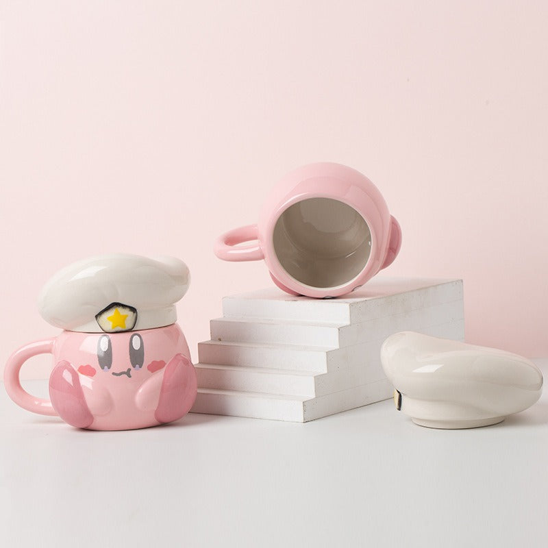 Cute Pink Madou Cartoon Chef Star Ceramic Mug with Lid - Burger & Cheese Options Also Available ☕️