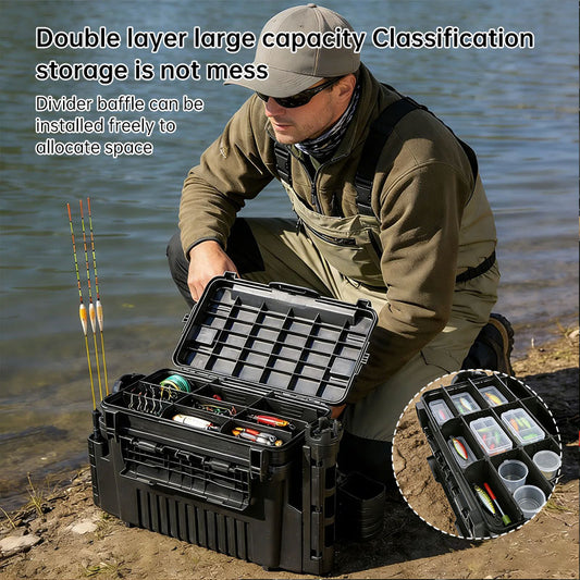 Giftable Tough & Durable 2-Layer Fishing Tackle Box - Adjustable Compartments + Dividers with Rod & Cup Holders 🎁