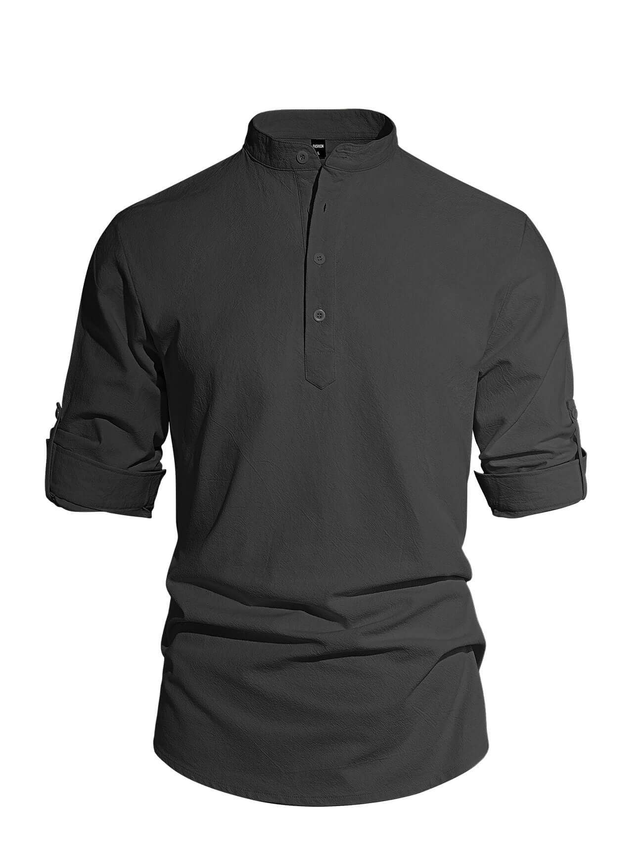 Men's Trendy All Seasons Shirt - Lightweight Solid Cotton Linen, Henley Collar Button-Up Long Sleeve