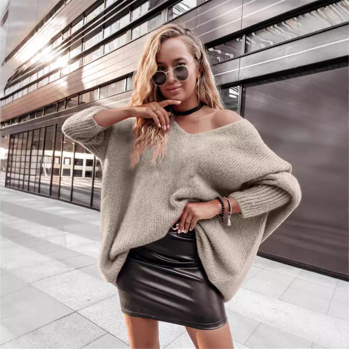 Sexy Oversized V-Neck Off-Shoulder Batwing Knit Sweater