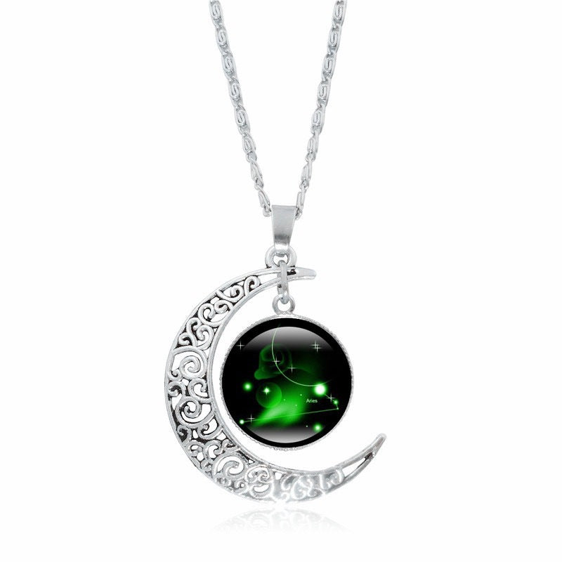 Gorgeous Zodiac Time Gem Luminous Necklace for Women - Simple Silver Moon Pendant Choker Giftable 💝