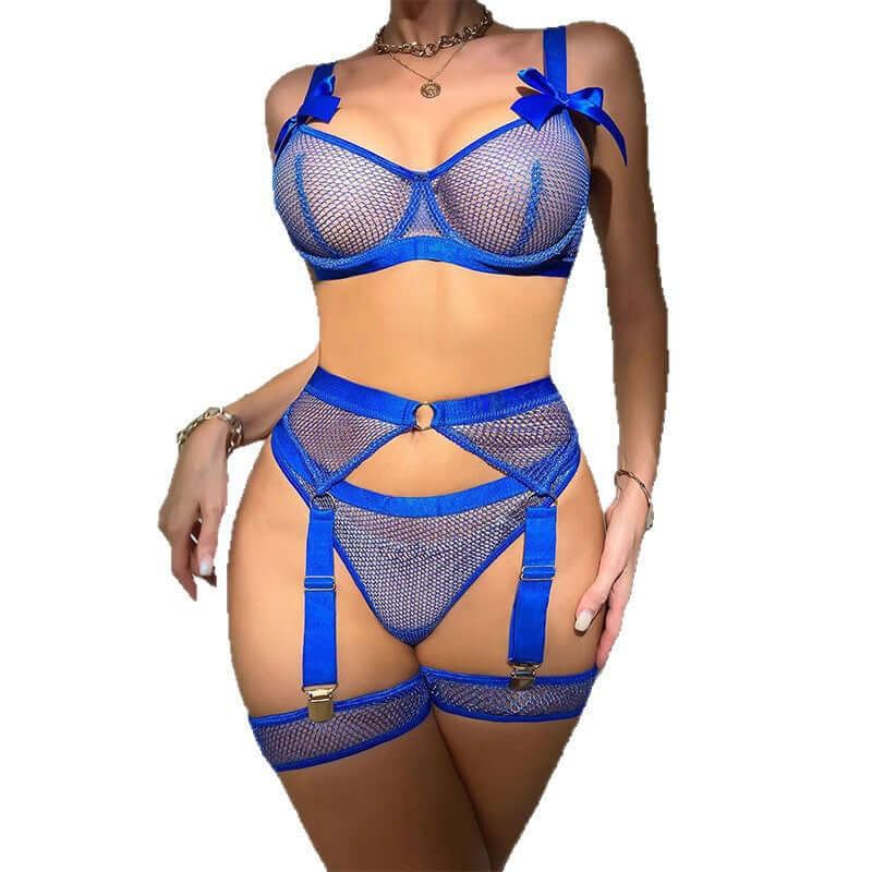 Sexy Net & Lace Full Lingerie Set with Mesh & Bowknot Binding - Erotic Nights Underwear Suit 🥰