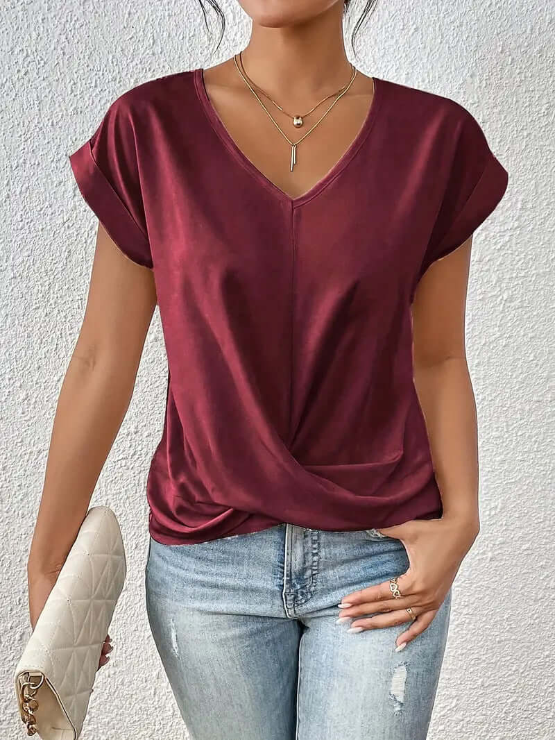 Women's Sleek Pleated V-neck T-shirt in a Multitude of Gorgeous Color Options 🌈 🤩