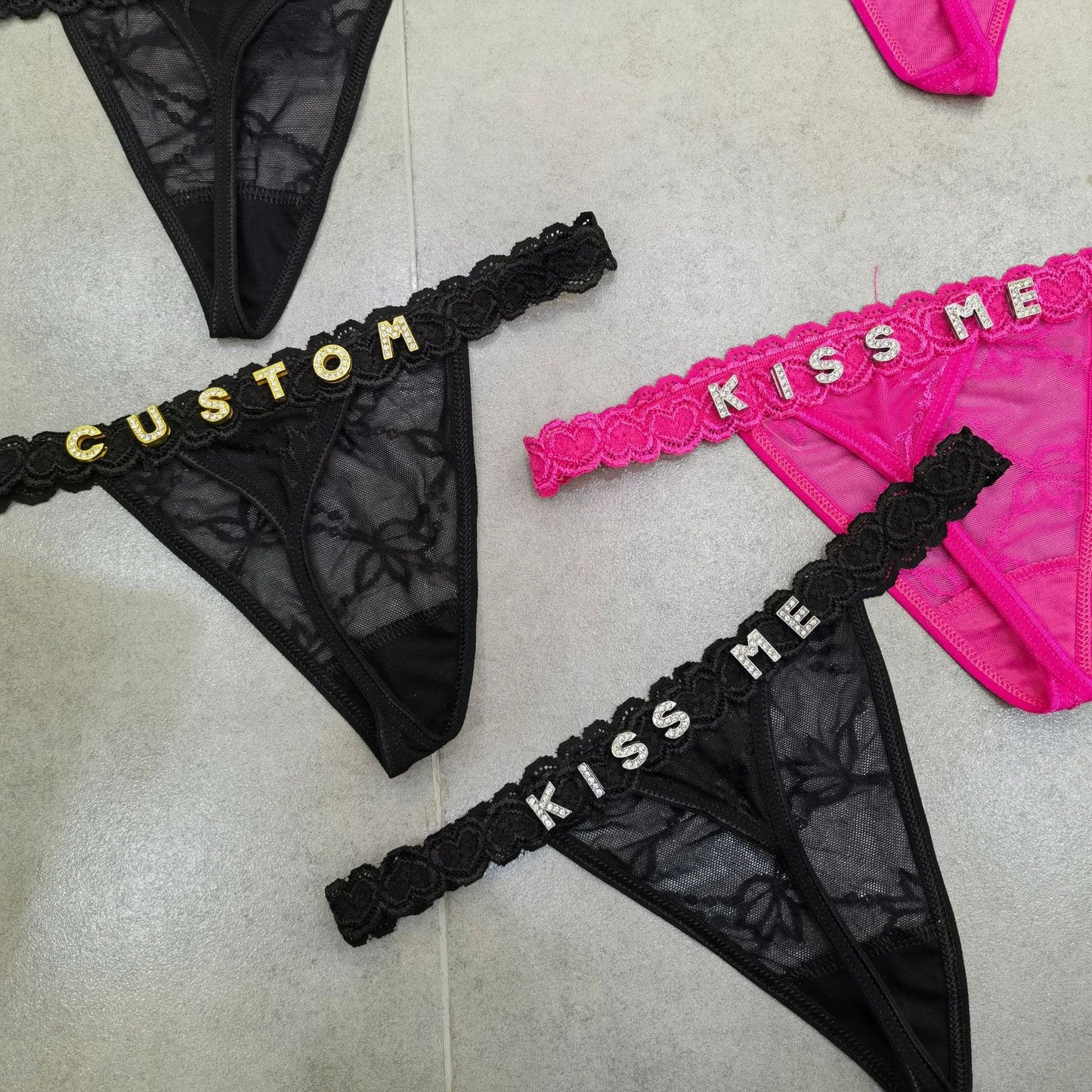Women's Colorful Sexy DIY Metal Rhinestone Letter Thong - Provocative and Playful Lace Panties 🌈