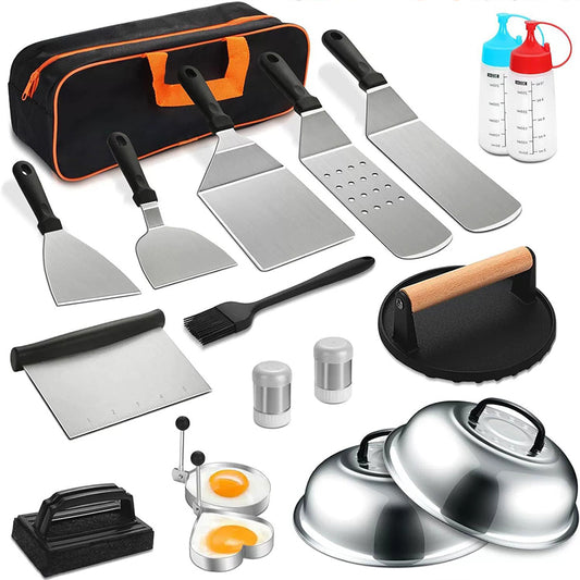 Incredible 29 pc. PRO Grade Stainless Steel BBQ Tools Set w/ Burger Press, Spatula, Egg Ring, & Much More !