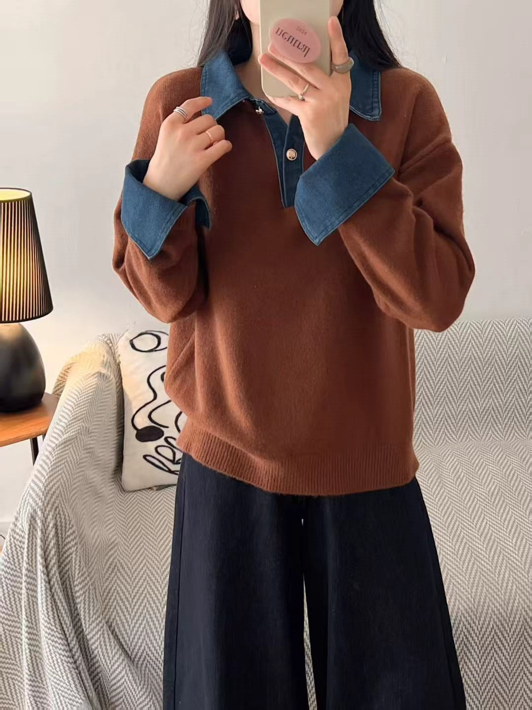Unique Color Block Denim Patchwork Polo Sweater 😎