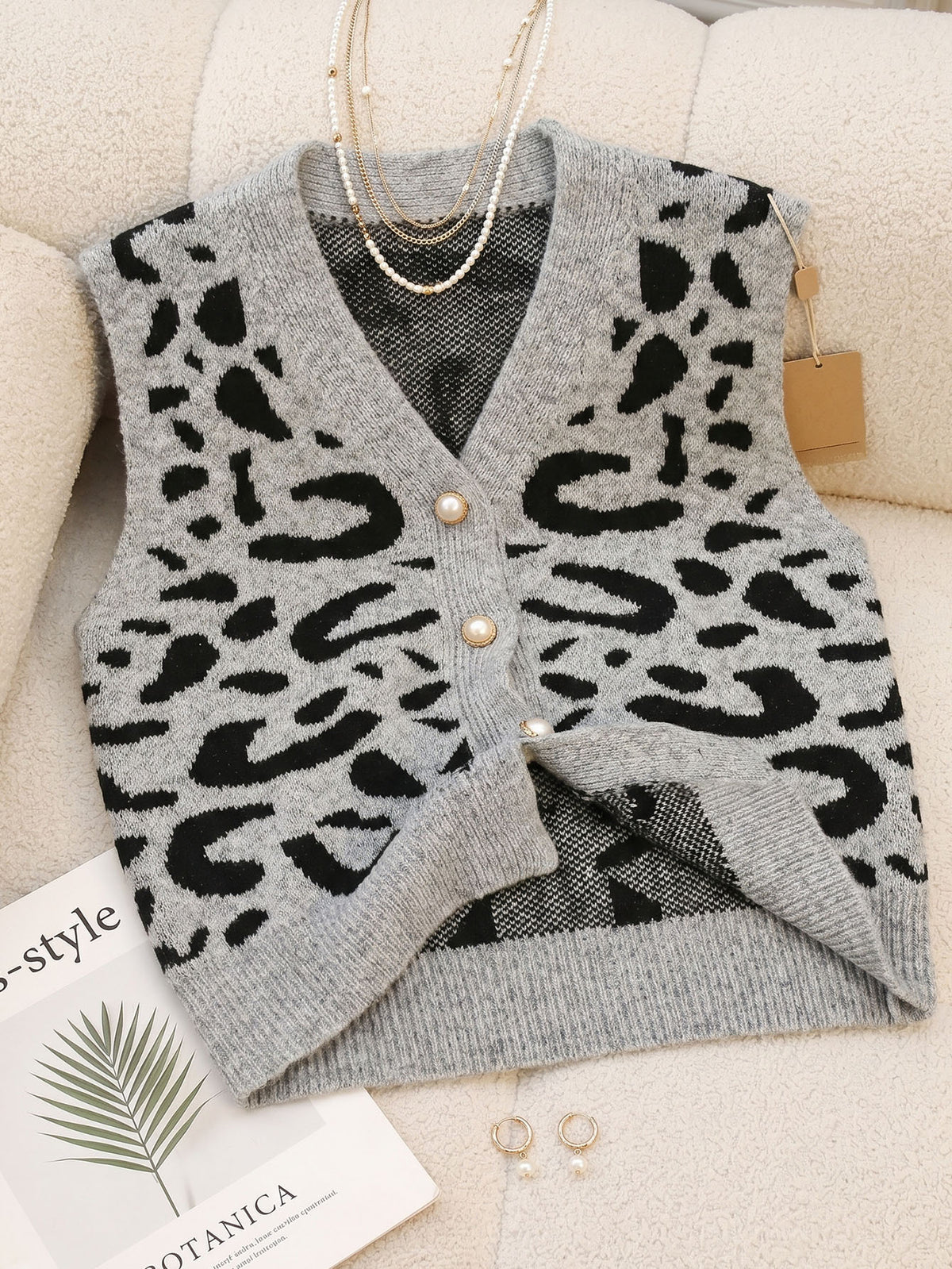 Leopard V Neck Cardigan | Pearl Button Loose Knit Vest