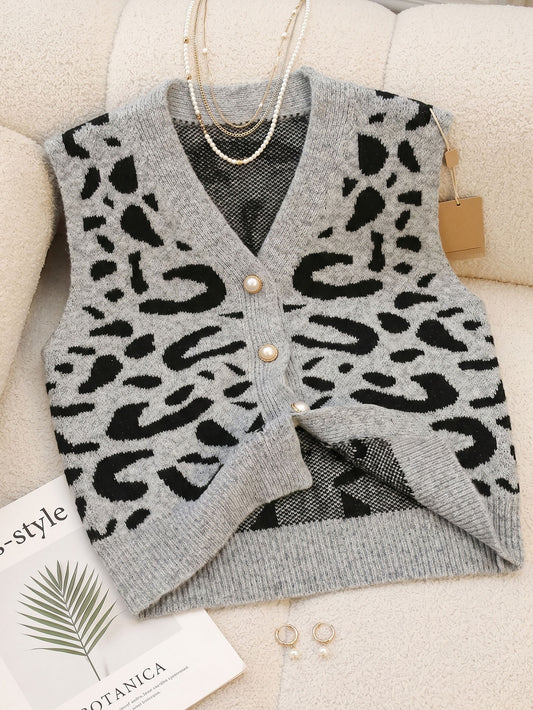 Leopard V Neck Cardigan | Pearl Button Loose Knit Vest