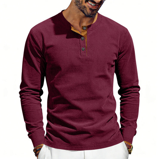Men's Henley Loose-Fit Corduroy Shirt - Vintage Long Sleeve Casual Versatile Top
