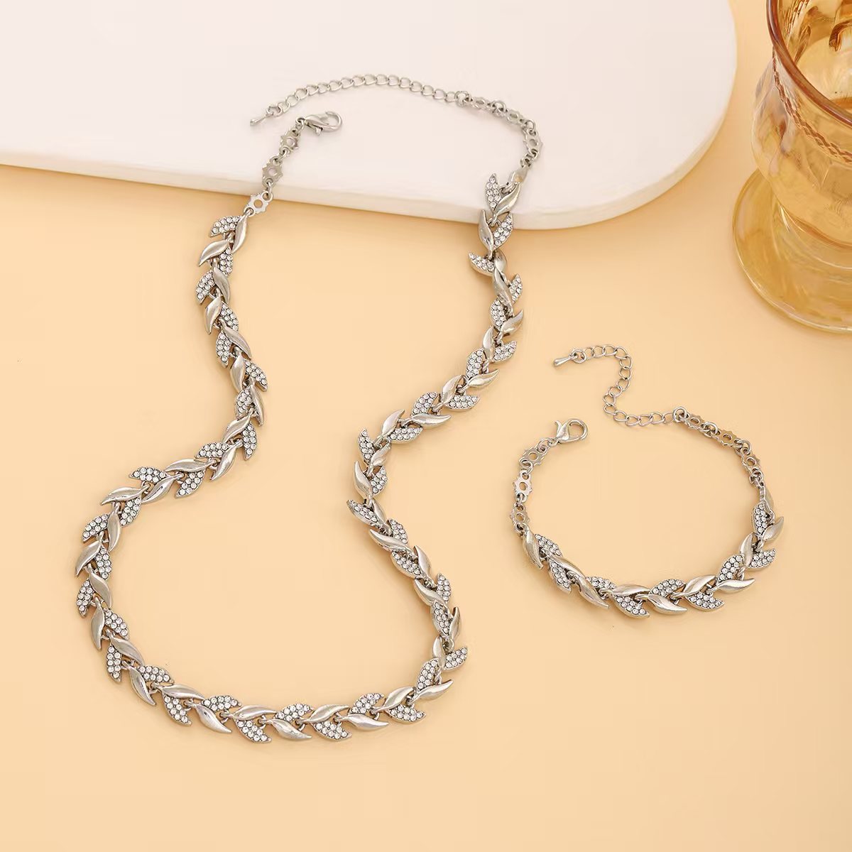 Luxury Leaf Design Rhinestone 2pc. Matching Bracelet and Necklace SET in Gorgeous Rose Gold, Gold, & Silver