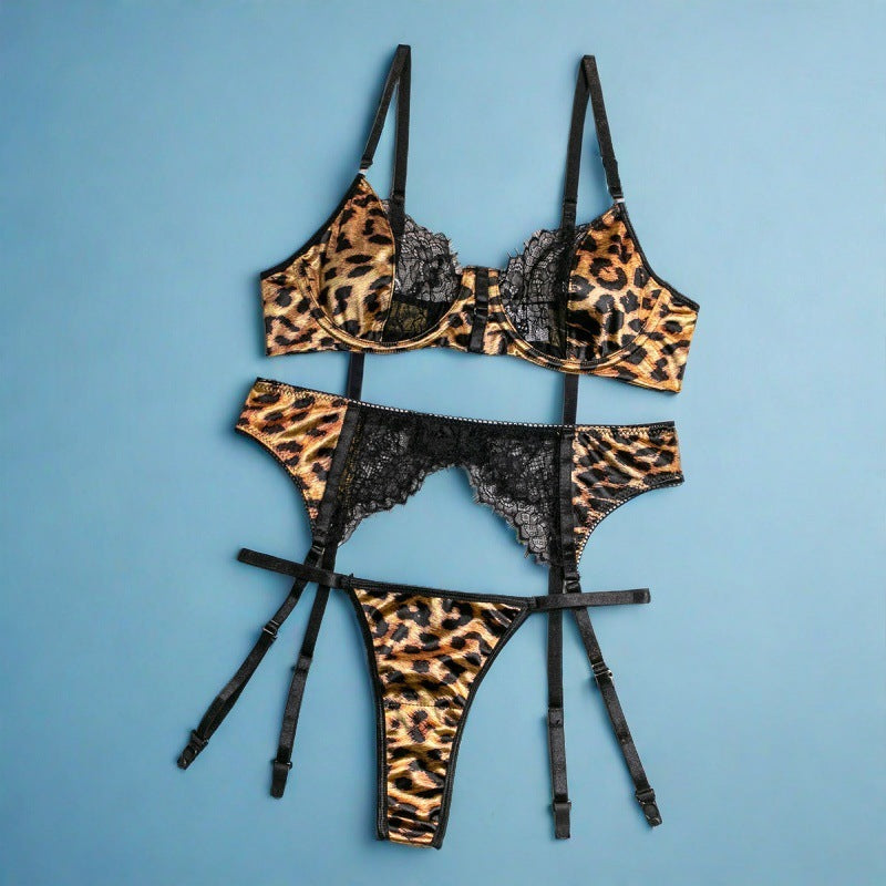 Sexy Lingerie ! 💝 Three-piece SET Wild Leopard Print Belted Jumpsuit with Steel Boning Lace