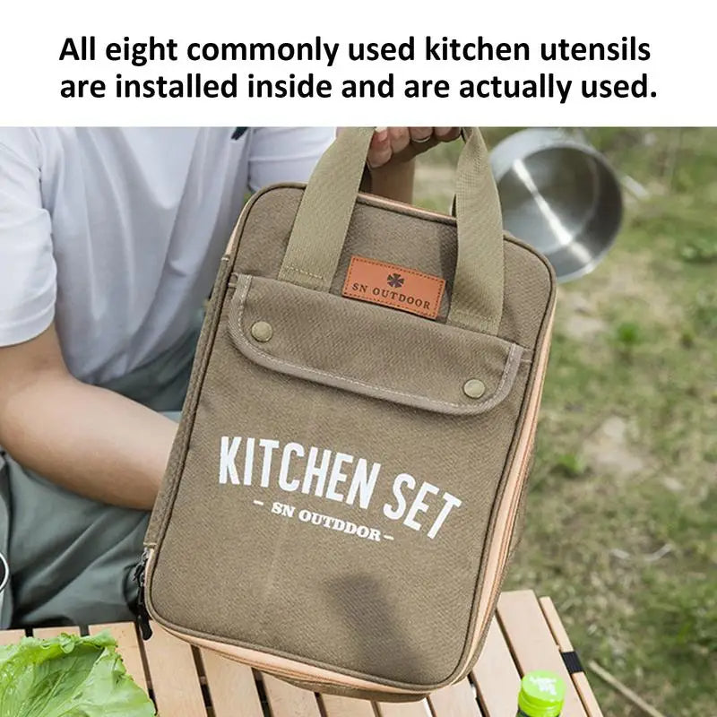 Creative Camping Kitchen Set - 8pcs. Outdoor Stainless Steel Cookware Tool and Travel Kit + Durable Organizer Storage bag