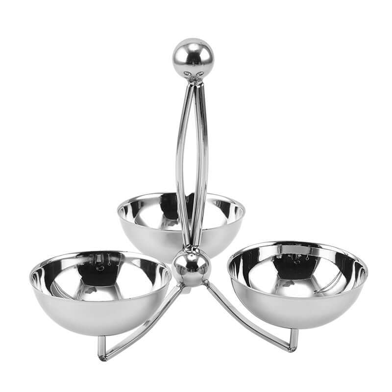 Sleek Polished Stainless Steel Condiment Display Stand with Dip Bowls - Fruit, Snacks & Chip Dip Server Set