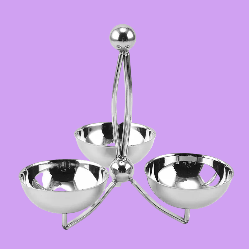 Sleek Polished Stainless Steel Condiment Display Stand with Dip Bowls - Fruit, Snacks & Chip Dip Server Set